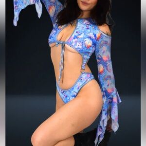iHeartRaves Blue Floral Cut-Out Bodysuit